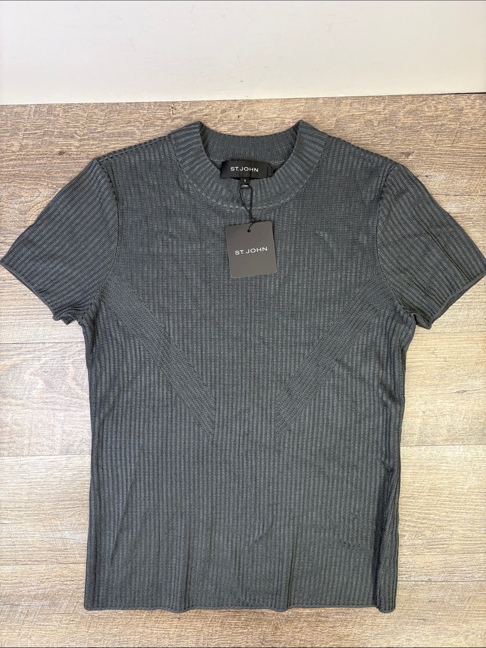 St. John Gunmetal Ribbed Wool Blend Short Sleeve Sweater Small NWT $395